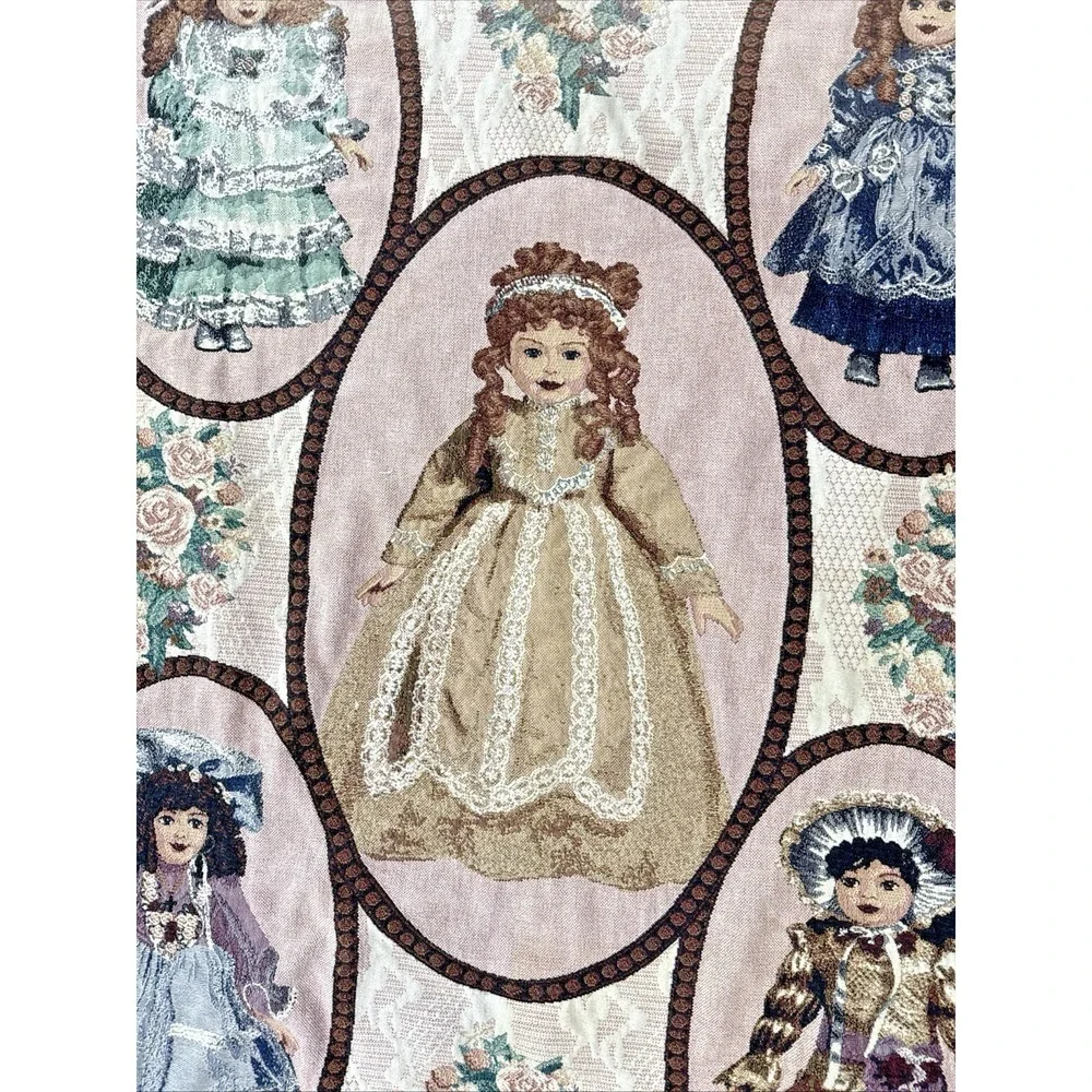 Vintage Victorian Porcelain Doll Woven Tapestry Throw Blanket Fringe 64x49